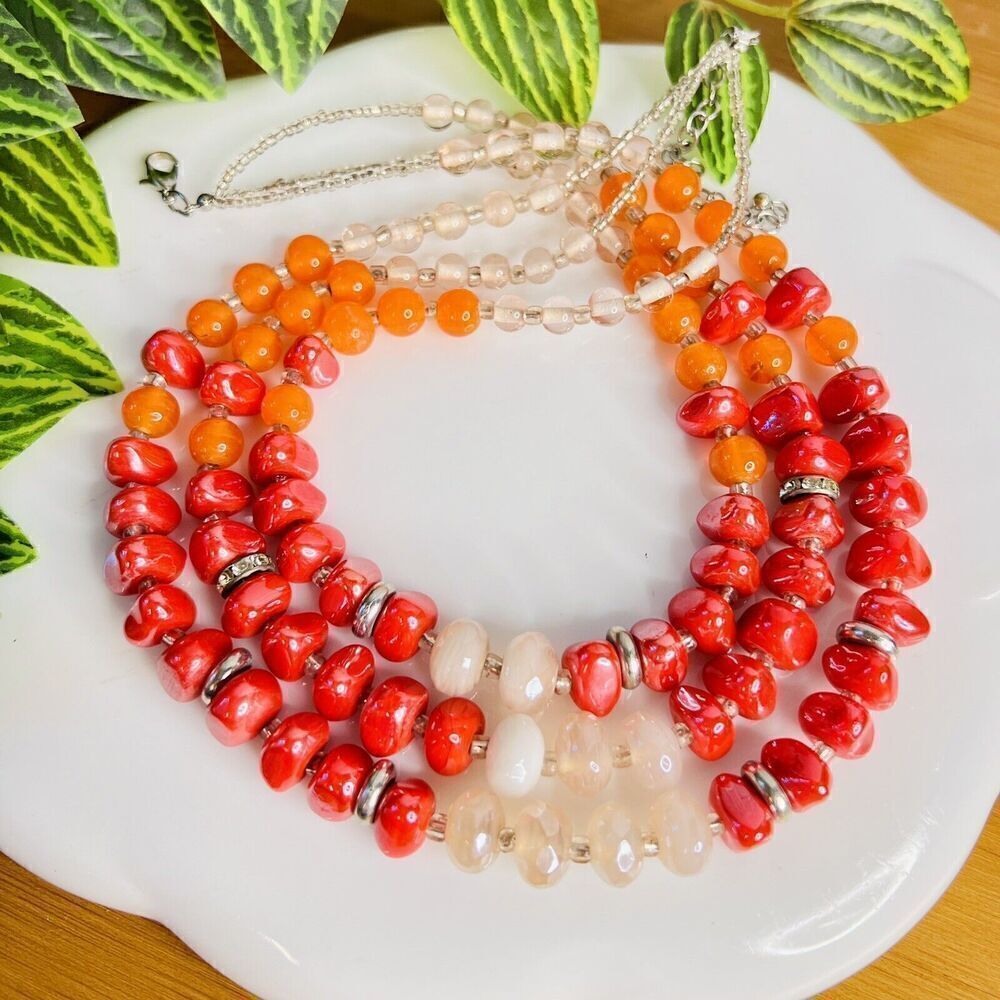Sparkling Vintage Necklace 3 Strand Organic Form Glass Resin Beads Colorful 4112